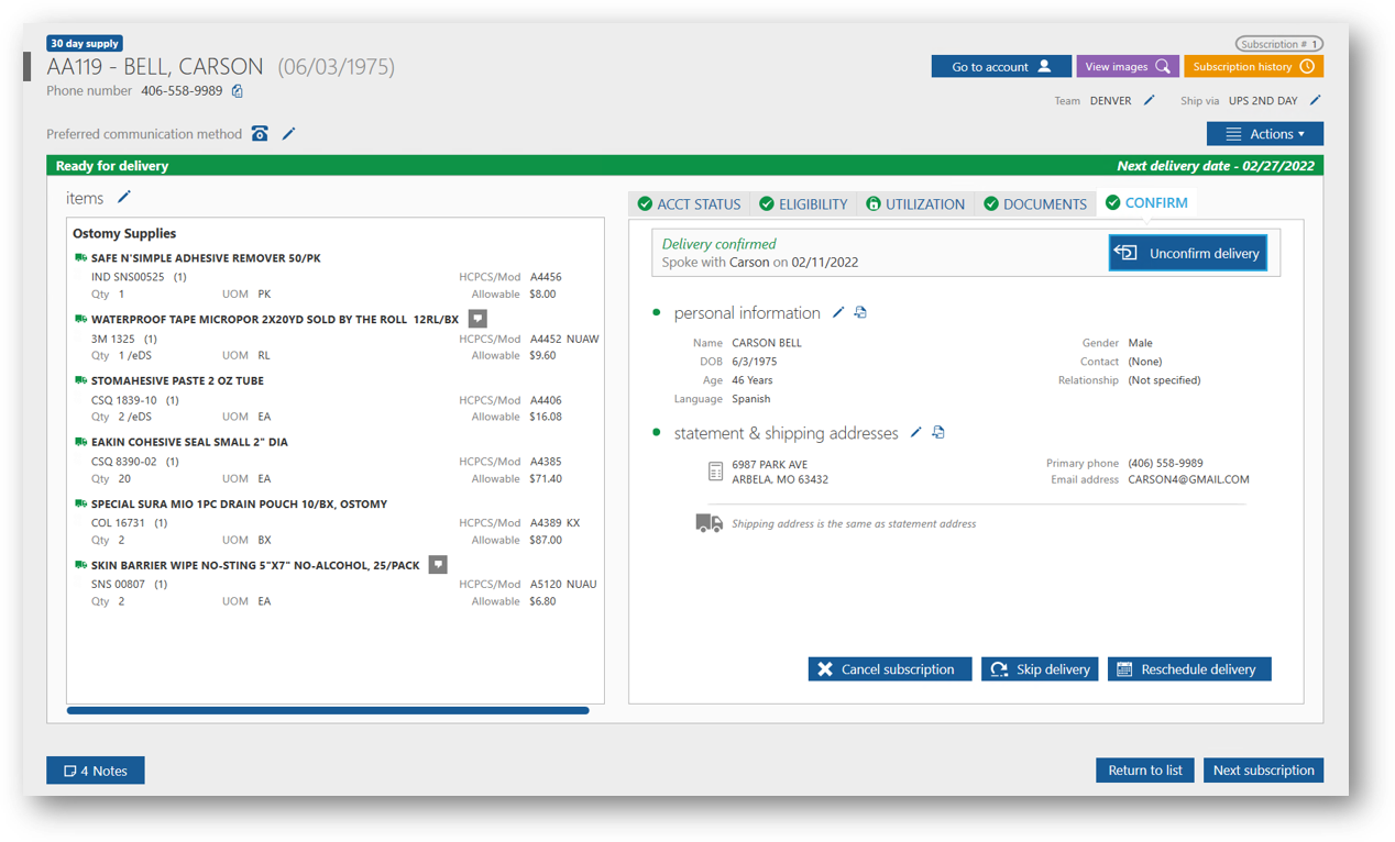 Patient Subscriptions - Patient Confirmation Screen